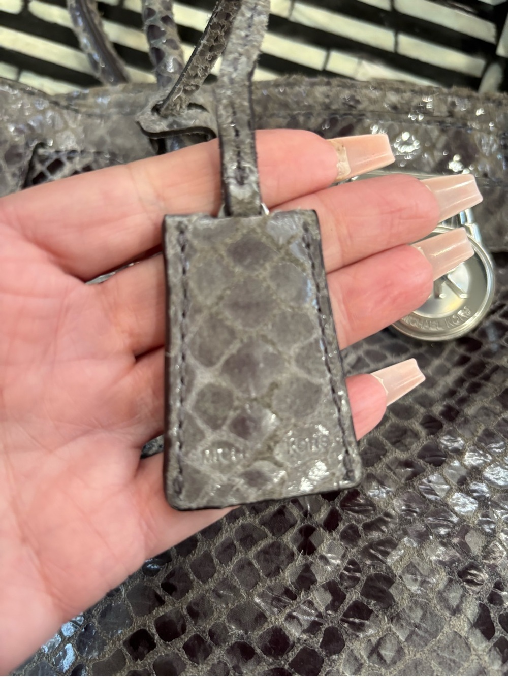 Authentic Michael Kors Gray Snakeskin-Embossed Satchel with Silver Hardware - Picture 4 of 11